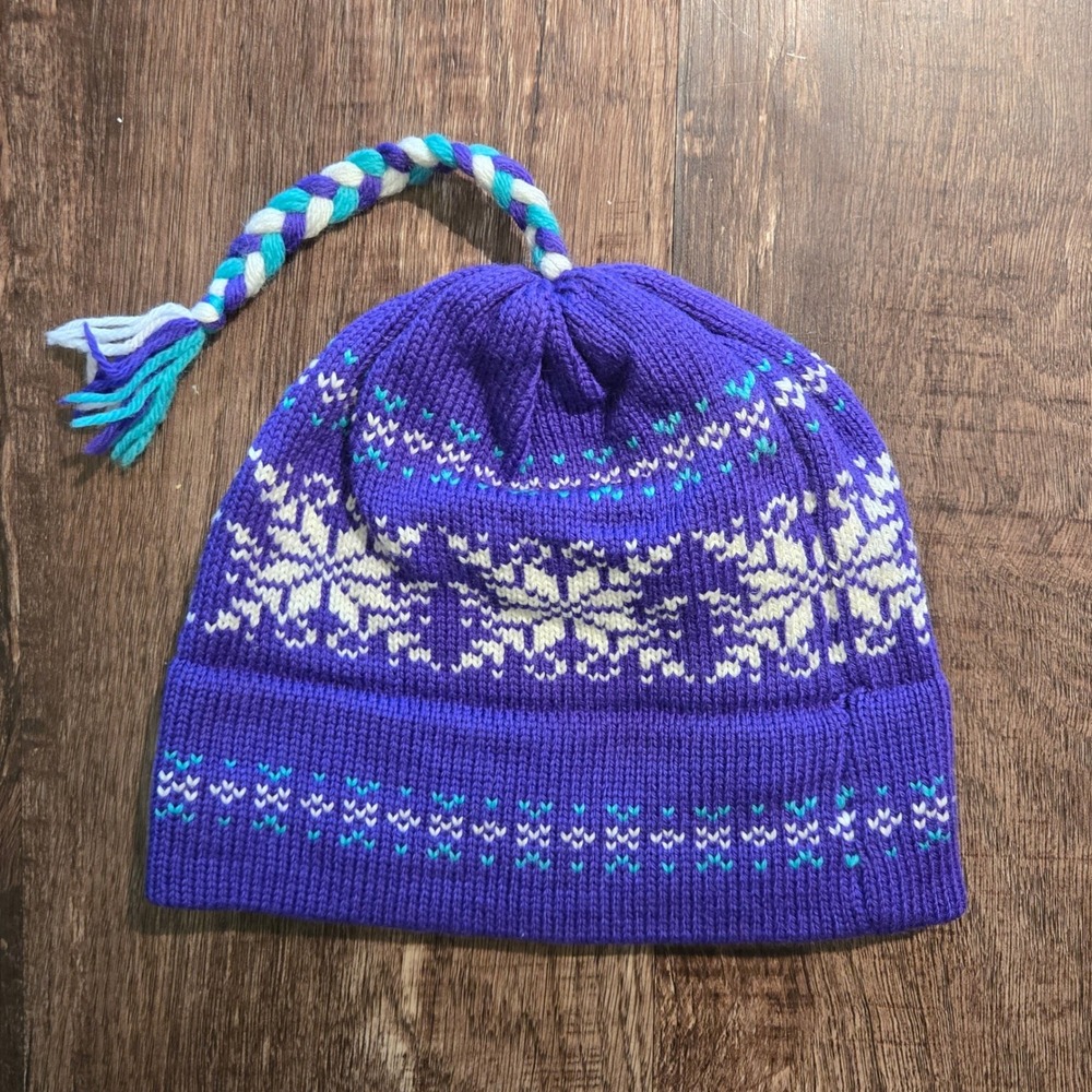Vtg Vermont Needlecrafts Wool Blend Purple Nordic Fair Isle Tassel Scandi Hat